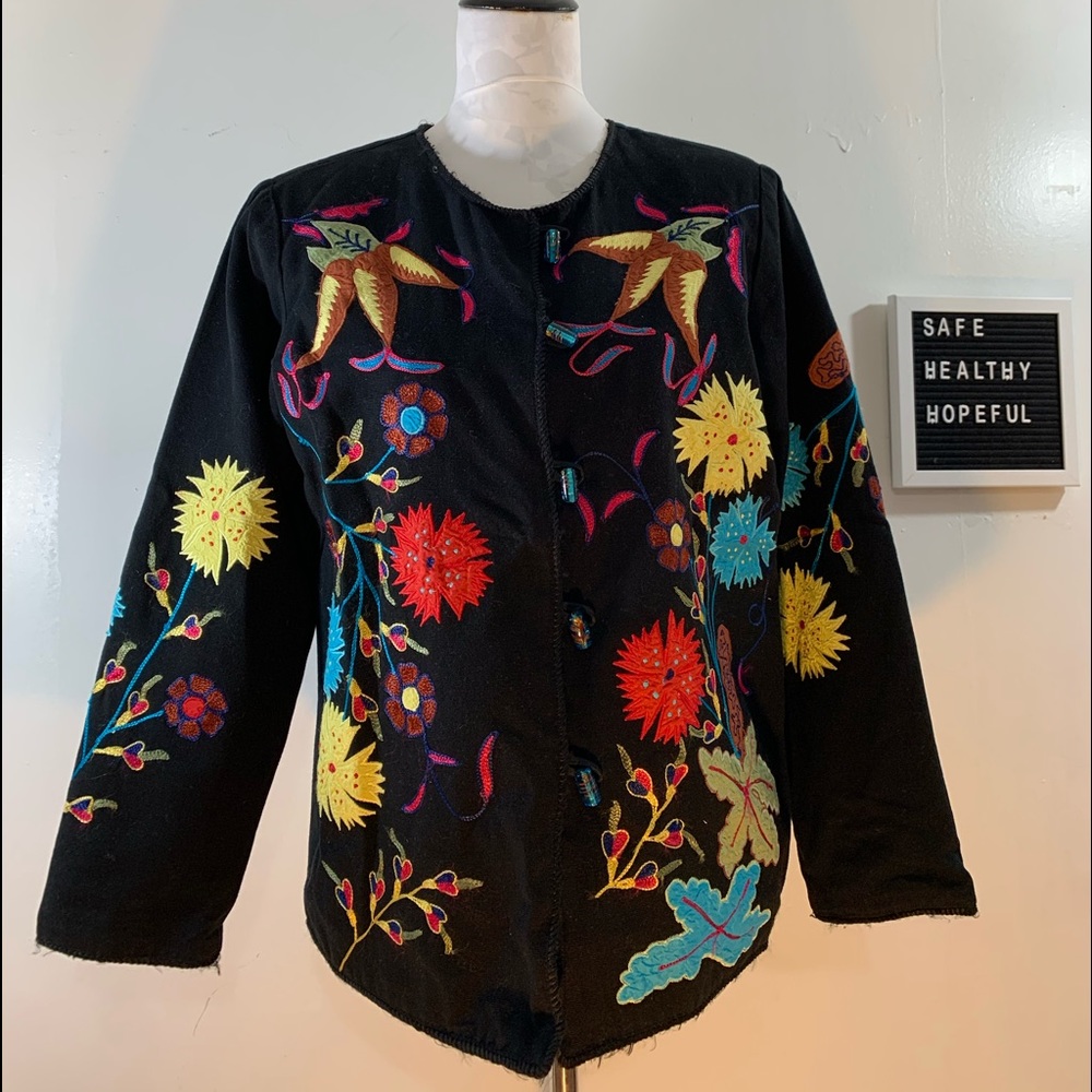 Alex Kim Vintage Hippie Black Colorful Floral Embroidered Shirt Jacket - Picture 1 of 9